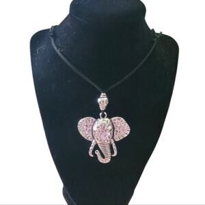 Boho Hammered Silver Tone Elephant Pendant Necklace, Adjustable Cord